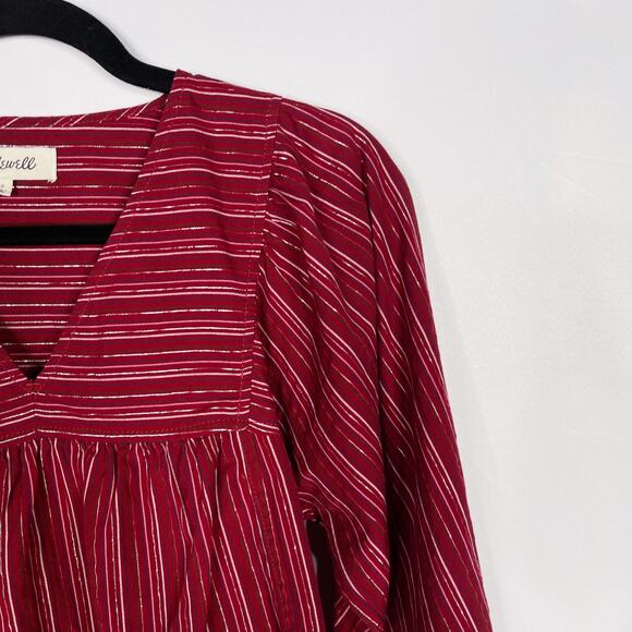 Madewell Small S Red Swingy Peasant Top in Metallic Stripe VNeck Cotton Billowy - Picture 3 of 10